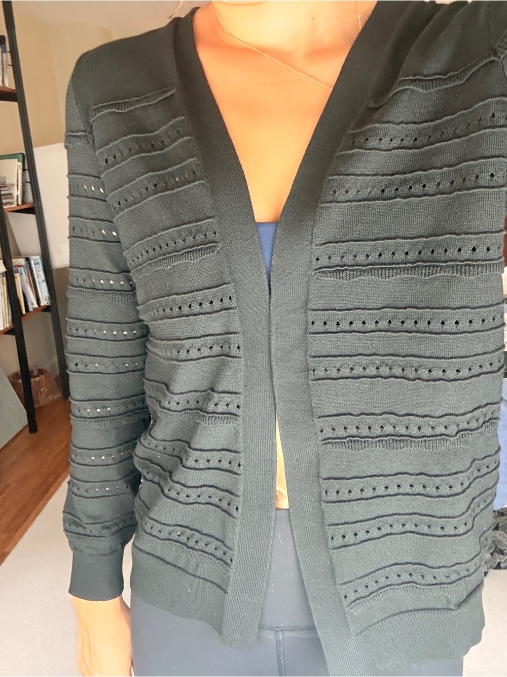 Open-Front Dark Green Knit Cardigan Sweater